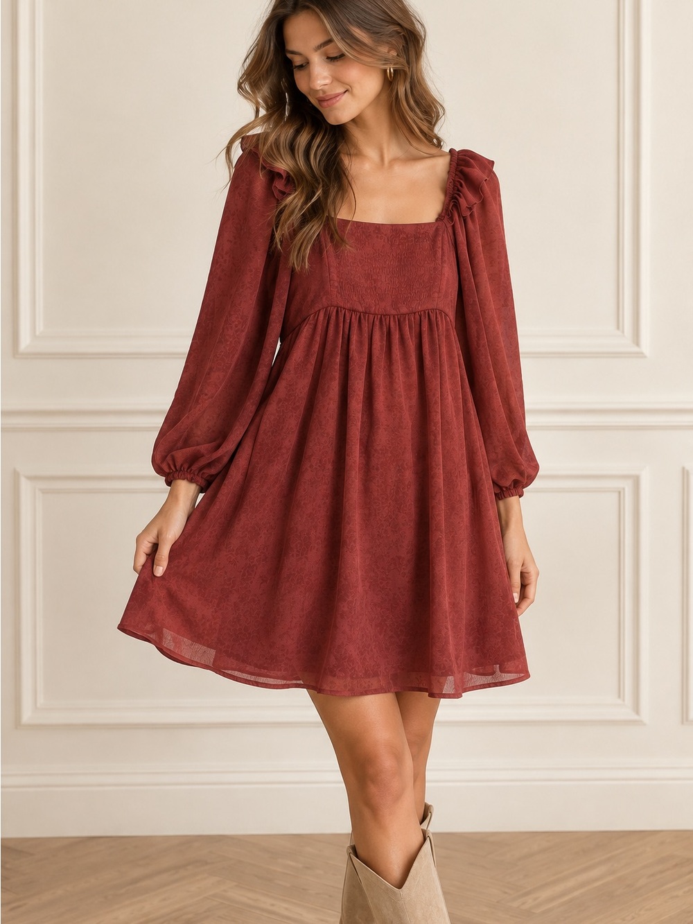 Altar’d State Rust Floral Jacquard Babydoll Mini Dress Ruffle S